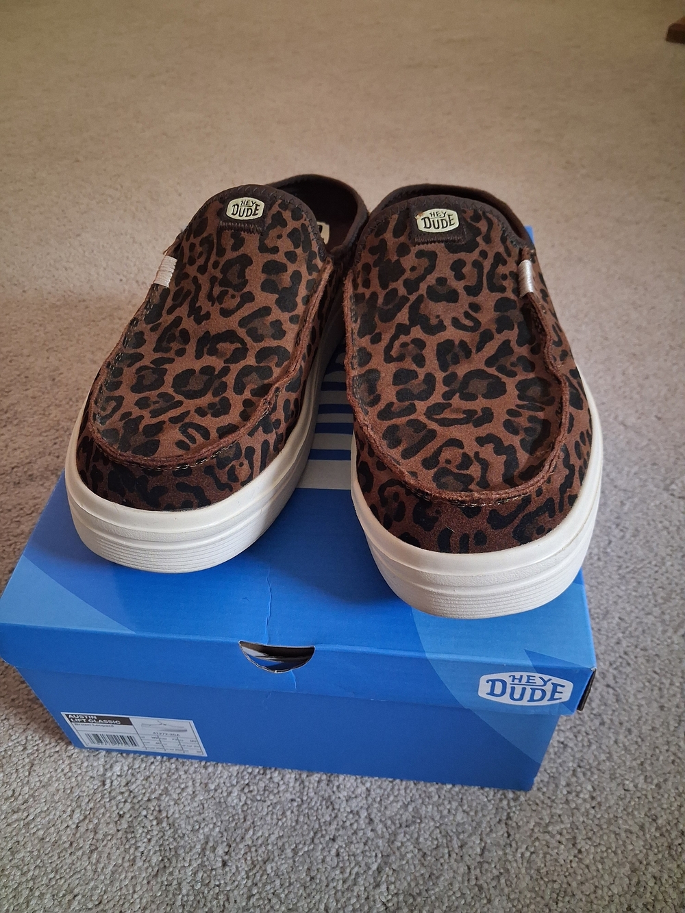 Hey Dude LEATHER Brown Leopard Print Slip-On Shoes - Picture 2 of 6